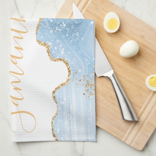 Baby Blue und Imitate Gold Glitzer Marble Agate Geschirrtuch (Viertel Falte)