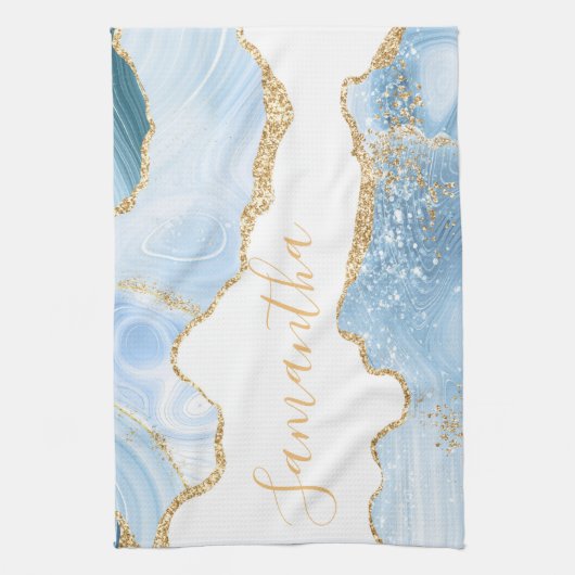 Baby Blue und Imitate Gold Glitzer Marble Agate Geschirrtuch (Vertikal)