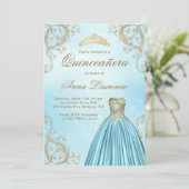 Baby Blue und Light Gold Quinceanera Einladung (Stehend Vorderseite)