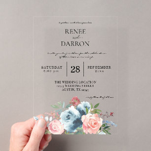 Baby Blue- und Rosafarben Hochzeit mit Blumen Acryleinladungen