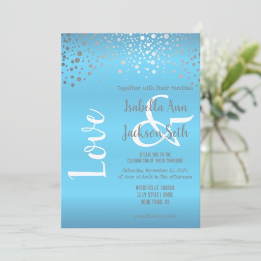 Baby Blue und Silver Confetti Dots Einladung (Stehend Vorderseite)