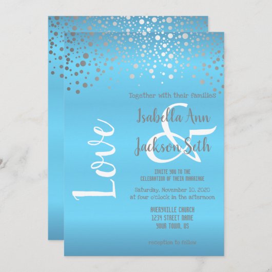 Baby Blue und Silver Confetti Dots Einladung (Vorne/Hinten)