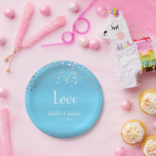 Baby Blue und Silver Confetti Dots Pappteller (Party)