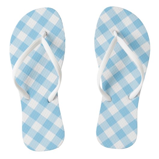 Baby Blue und White Large Diagonal Gingham Karos Badesandalen (Fußbett)
