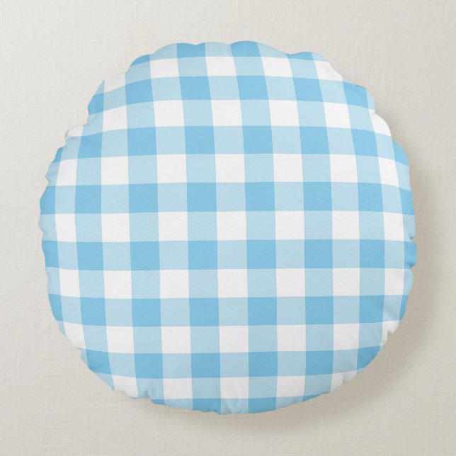 Baby Blue und White Large Size Gingham Karos Rundes Kissen (Vorderseite)