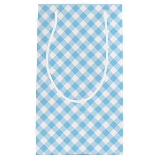 Baby Blue und White Medium Diagonal Gingham Karos Kleine Geschenktüte (Vorderseite)