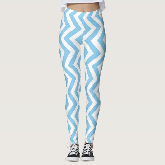 Baby Blue und White Medium Size Vertikal Zickzack Leggings (Vorderseite)