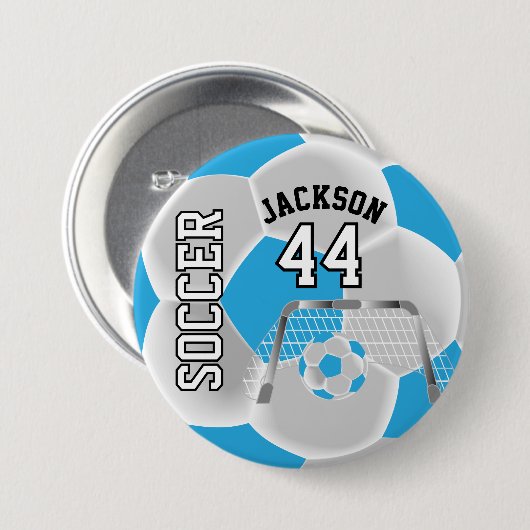 Baby Blue und White Personalize Soccer Ball Button (Vorne & Hinten)