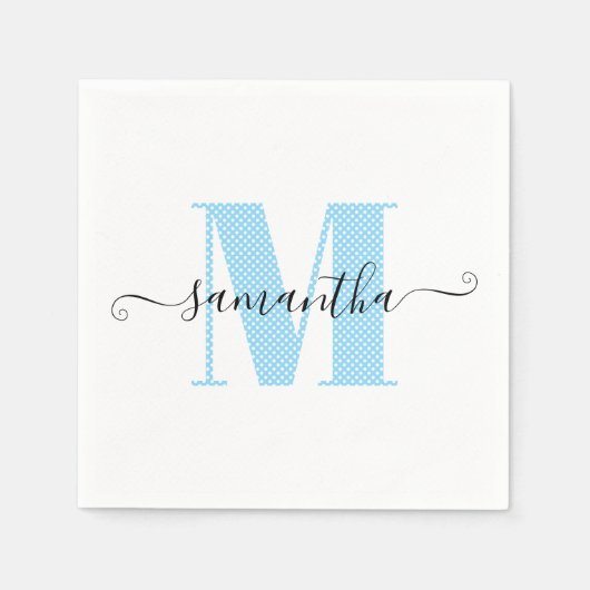 Baby Blue und White Polka Dot Monogram Serviette (Vorderseite)