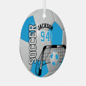 Baby Blue und White Soccer Ball Ornament Aus Metall (Vorderseite Rechts)