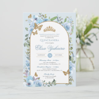 Baby Blue Watercolor Golden Butterfly Quinceanera Einladung
