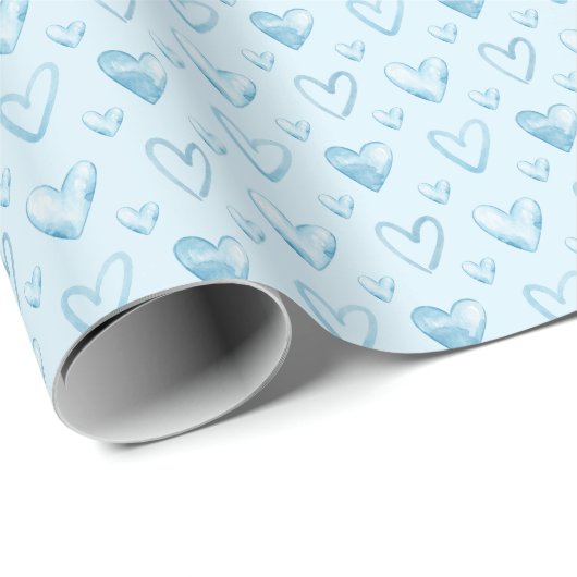 Baby Blue Watercolor Hearts Geschenkpapier (Rolleneckpunkt)