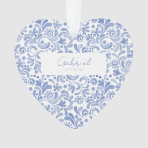 Baby Blue Watercolor NAME BIRTHDATE Sweet Heart Ornament