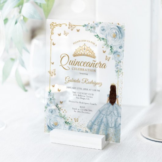 Baby Blue Watercolor Roses Gold Quinceanera Acryleinladungen