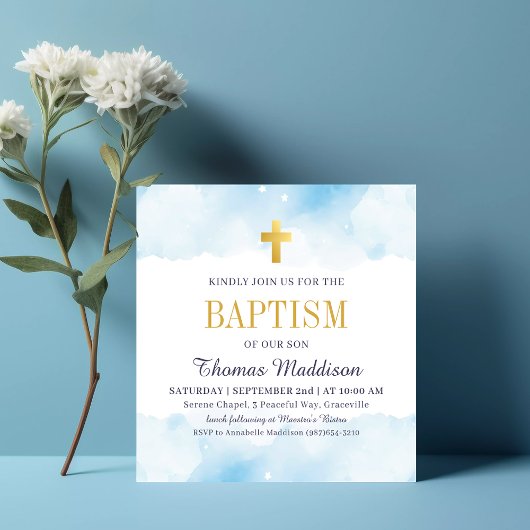 Baby Blue Watercolor Wolken Gold Cross Taufe Einladung