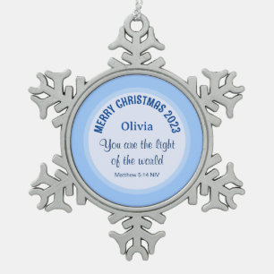 Baby Blue Weihnachten Christlicher Bibelvers Name Schneeflocken Zinn-Ornament