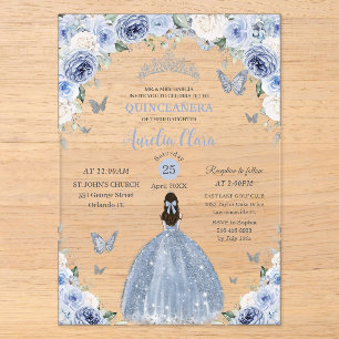 Baby Blue Weiße Florale Prinzessin Quinceañera XV Acryleinladungen