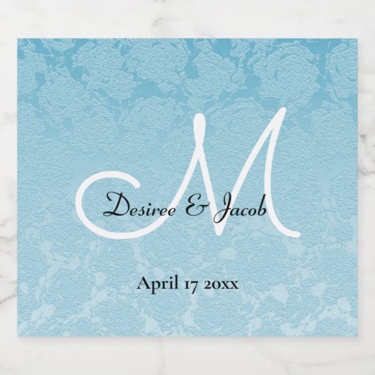 Baby Blue White Black Elegant Wedding Monogram Schaumweinetikett (Einzelnes Label)