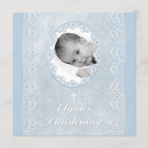 Baby Blue White Boy Foto Taufe Christening Einladung