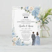 Baby Blue White Floral Twins Boy Girl Quinceañera Einladung (Stehend Vorderseite)