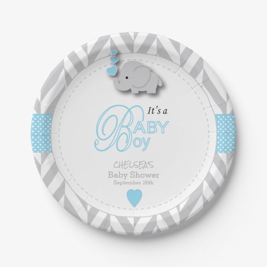 Baby Blue, White Gray Elephant Baby Dusche Pappteller (Vorderseite)