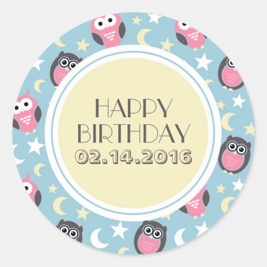 Baby Blue Yellow Night Owl Happy Birthday Sticker (Vorderseite)