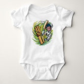 Baby Body Anzug Cricketer mit Fledermaus, Ball und Baby Strampler (Vorderseite)