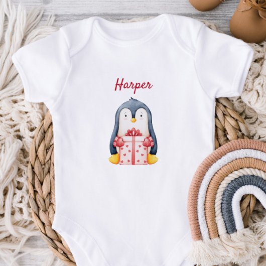 Baby Bodysuit With A Penguin Holding A Gift Box Baby Strampler