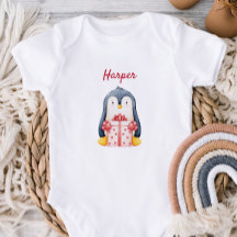 Baby Bodysuit With A Penguin Holding A Gift Box