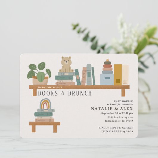 Baby Book Shelf Taupe Neutral Baby Dusche Einladung (Stehend Vorderseite)