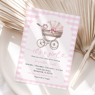 Baby Bottle Carriage Baby Shower Girl Pink Gingham Einladung
