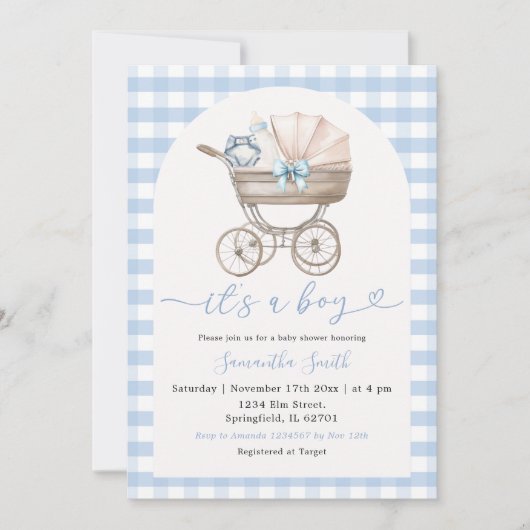 Baby Bottle Carriage Blue Gingham Baby Dusche Einladung (Vorderseite)