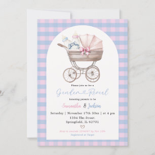 Baby Bottle Carriage Blue Pink Gingham Baby Reveal Einladung