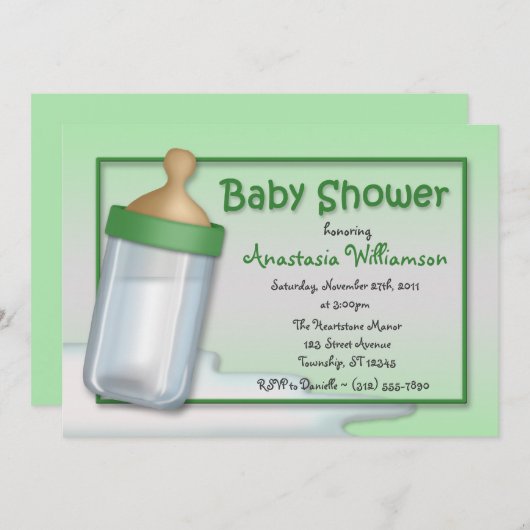 Baby Bottle Green Baby Dusche Einladungen (Vorne/Hinten)