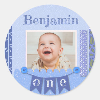 Baby Boy 1. Geburtstag Blue Scrapbook Runder Aufkleber