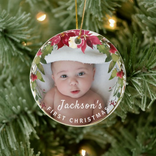 Baby Boy 1. Weihnachts Holly Wreath Foto Keepake Keramik Ornament (Baum)