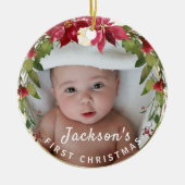 Baby Boy 1. Weihnachts Holly Wreath Foto Keepake Keramik Ornament (Vorne)