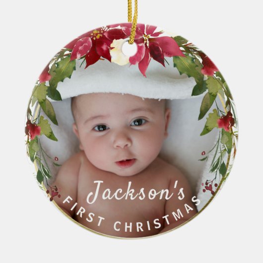 Baby Boy 1. Weihnachts Holly Wreath Foto Keepake Keramik Ornament (Vorne)