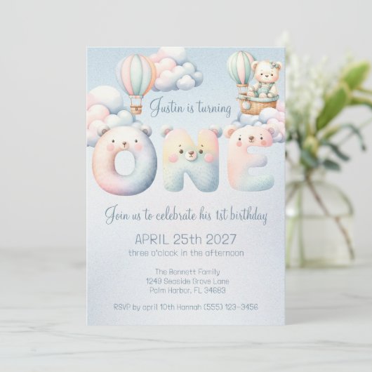 Baby Boy 1st Birthday Teddybear Air Balloon Clouds Einladung (Stehend Vorderseite)