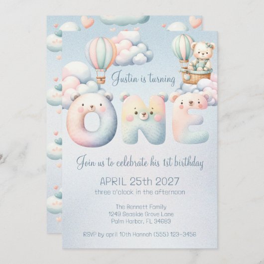 Baby Boy 1st Birthday Teddybear Air Balloon Clouds Einladung (Vorne/Hinten)