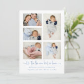 Baby Boy 5 Foto Collage Blue New Kid Script Birth Ankündigung (Stehend Vorderseite)