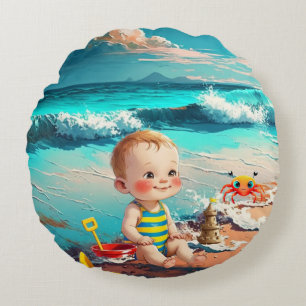 Baby Boy am Strand Rundes Kissen