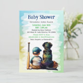 Baby Boy and Black Lab Baseball Themed Baby Dusche Einladung (Stehend Vorderseite)