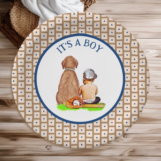 Baby Boy and Dog Baseball Themed Baby Dusche Pappteller