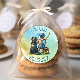 Baby Boy and Dog | Lil Slugger | Babyparty Runder Aufkleber
