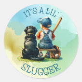 Baby Boy and Dog | Lil Slugger | Babyparty Runder Aufkleber (Vorderseite)