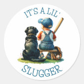 Baby Boy and Dog | Lil Slugger | Babyparty Runder Aufkleber (Vorderseite)