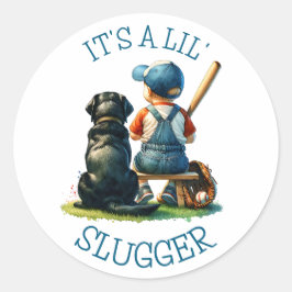 Baby Boy and Dog | Lil Slugger | Babyparty Runder Aufkleber