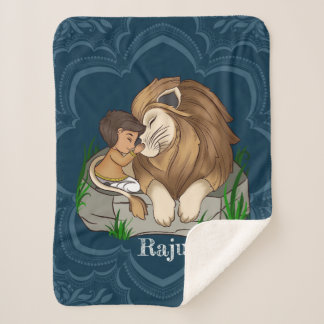 Baby boy and lion on a blue mandala background sherpadecke