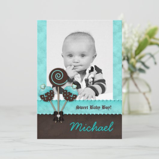 Baby Boy Ankündigung Einladung Cake Pops Blue V (Stehend Vorderseite)